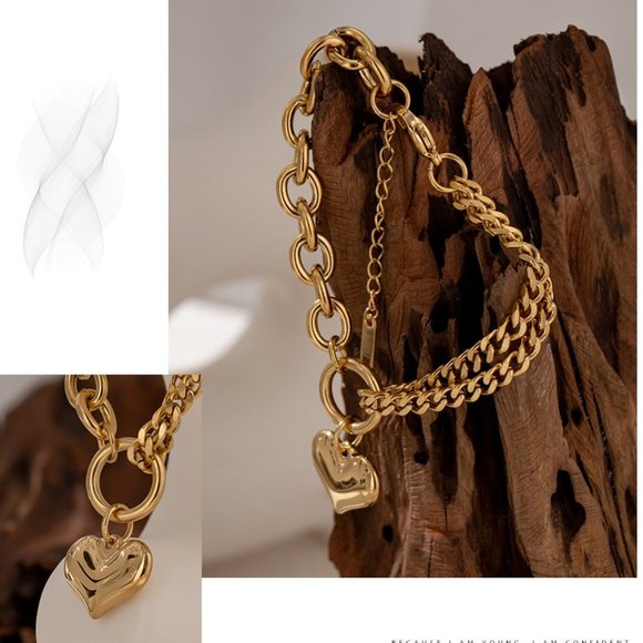 ^NEW 18K Gold Plated Chunky Link Chain Heart Circle Bracelet - Picture 6 of 7